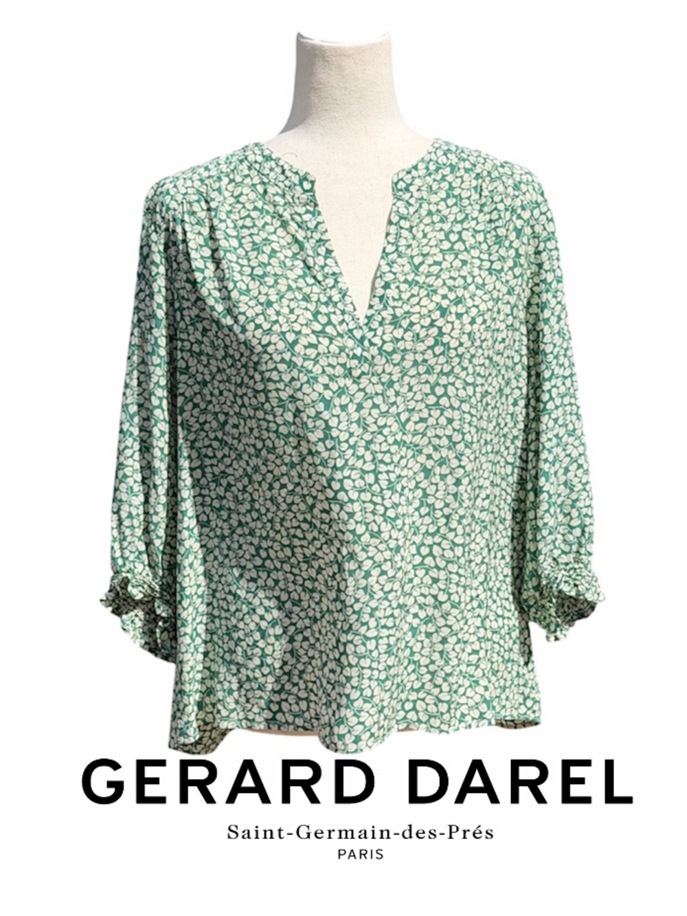 Gerard Darel Chantelle Bright Green Leaf Floral Split-Neck Smocked Blouse 44